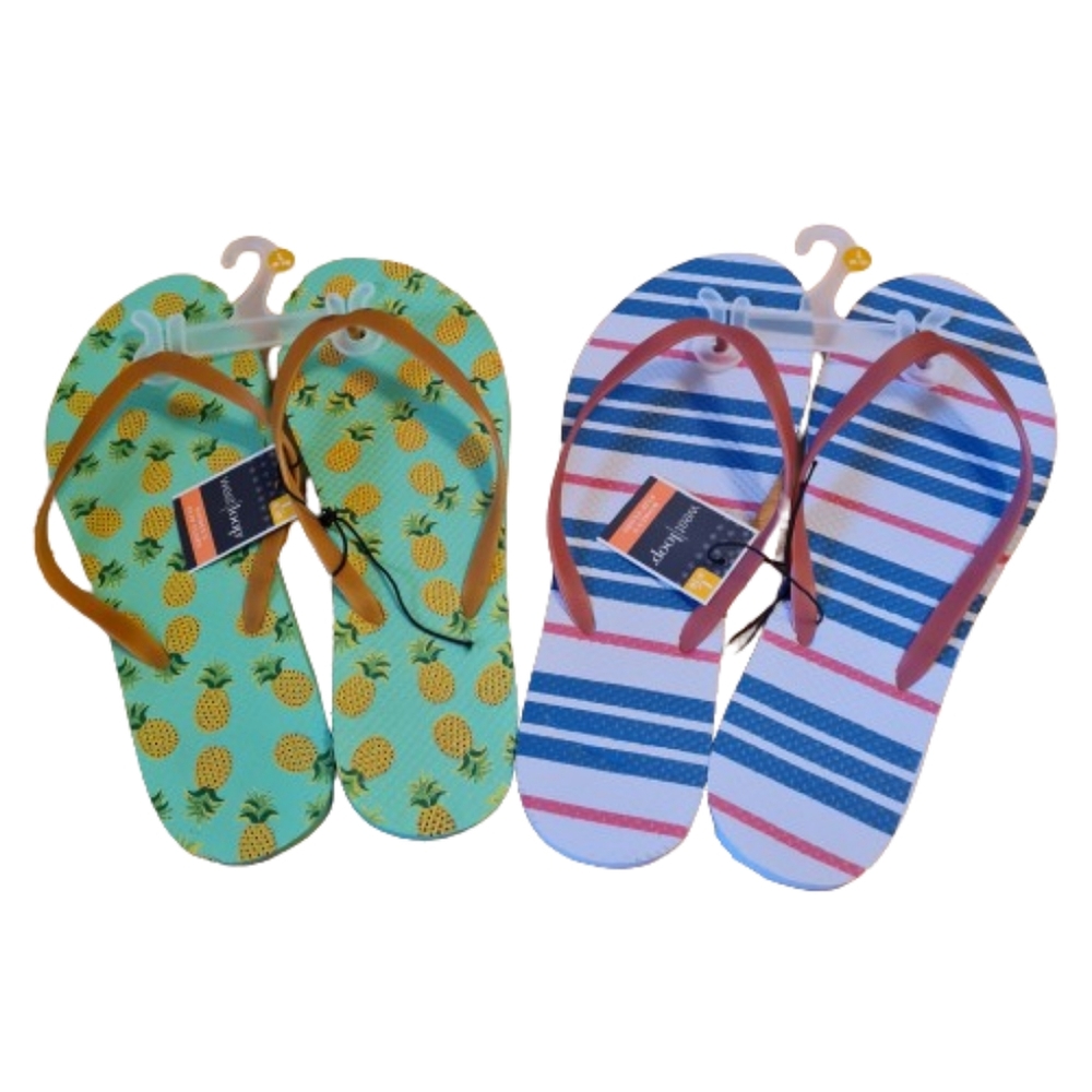 Flip Flops NWT Cute for beach wear Women's L 9/10 pineapple & stripe 2 pair